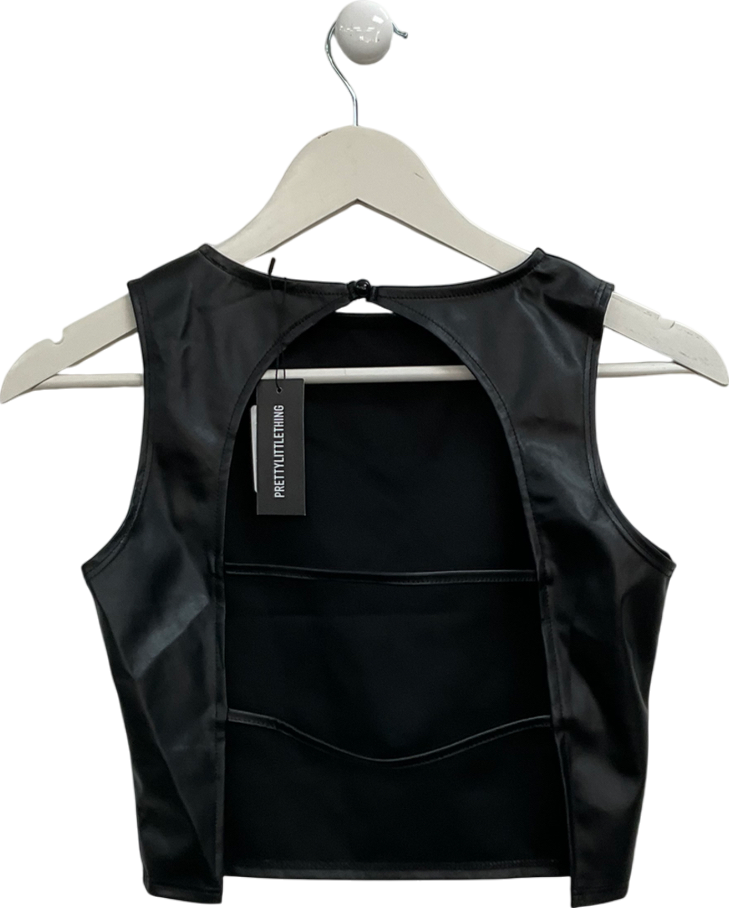 PrettyLittleThing Black Faux Leather Back Strap  Crop Top UK 6