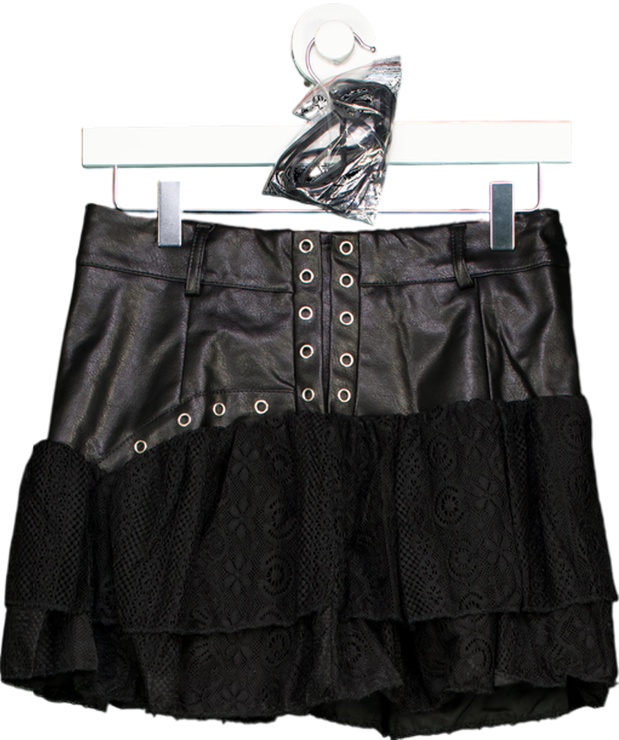 Ego Black High Waist Lace Up Detail Textured Frill Hem Mini Skirtb UK M