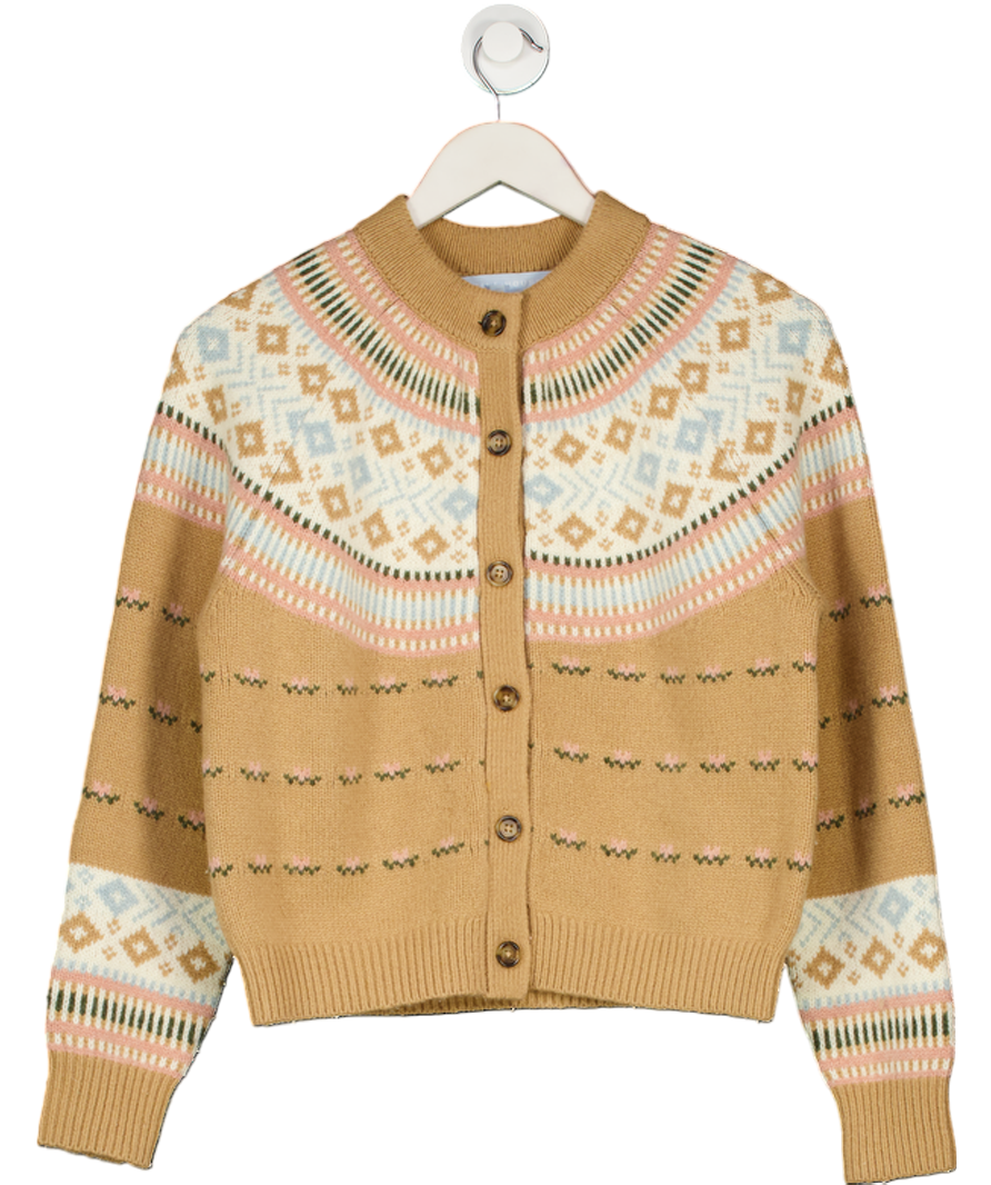 HILL HOUSE Brown The Ren Wool Blend Fair Isle Cardigan UK XS