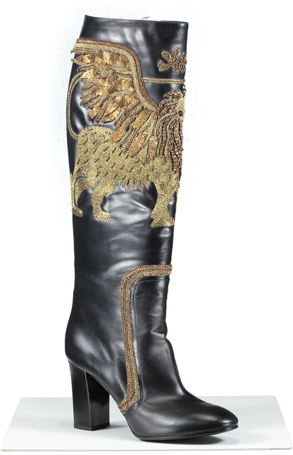 Alberta Ferretti Black winged lion Embellished Leather Knee Boots UK 8