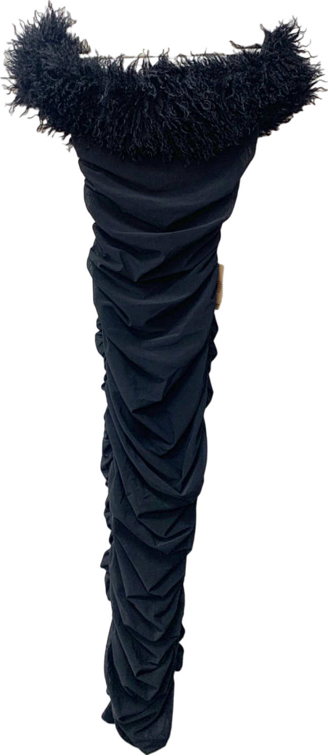 PLT Label Black Ruched Faux Fur Trim Dress UK 8
