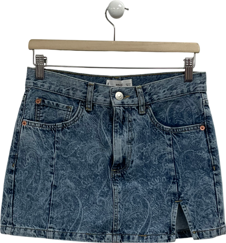 MANGO Blue Paisley Print Denim Mini Skirt UK S