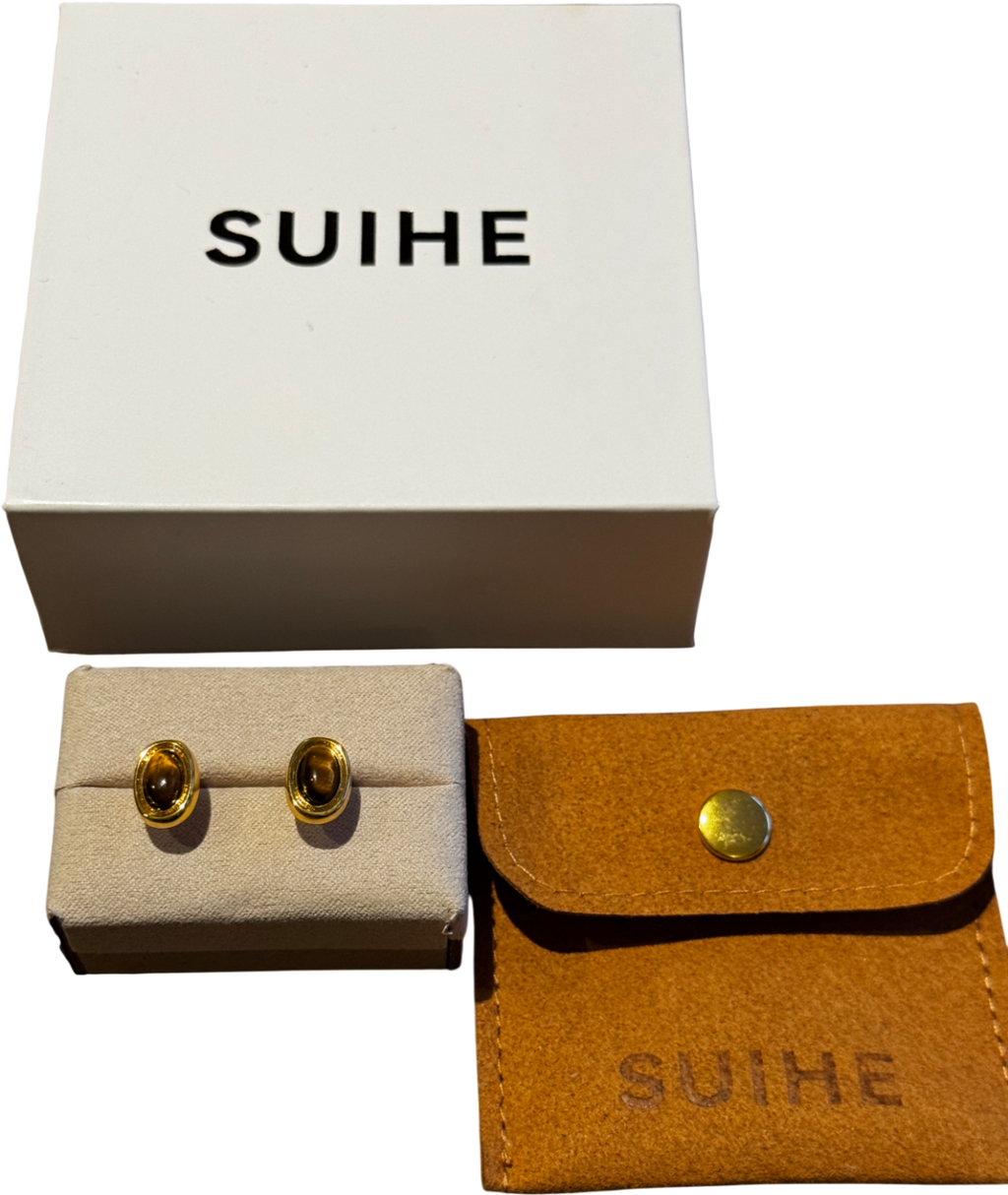 SUIHE 18k Yellow Gold Vermeil Over Sterling Silver Halo Tiger Eye Stone Stud Earrings