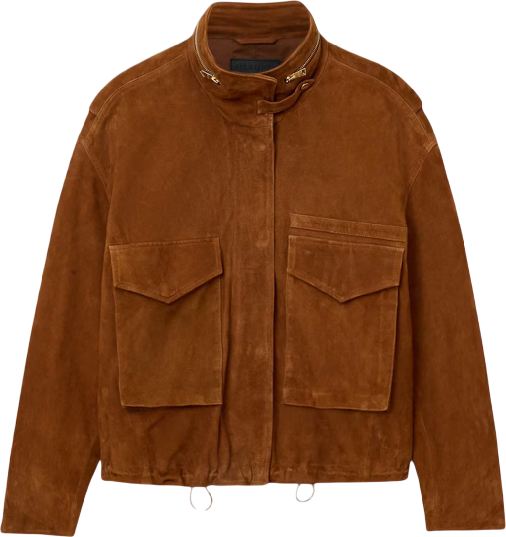 AllSaints Tan Brown Suede Clay Bomber Jacket UK M