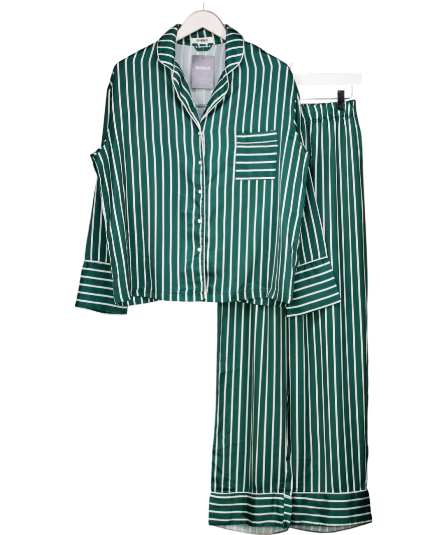 4th & Reckless 2-piece Green Satin Striped Shirt & Trouser Pyjama Set UK S