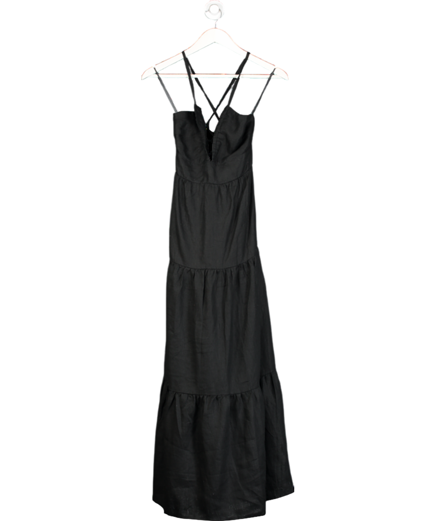 Lusana Black Linen Lace Back Midi Dress UK S