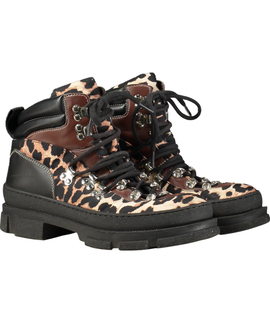 Ganni Brown Leopard-print Mixed-media Hiking Boots UK 5 EU 38 👠