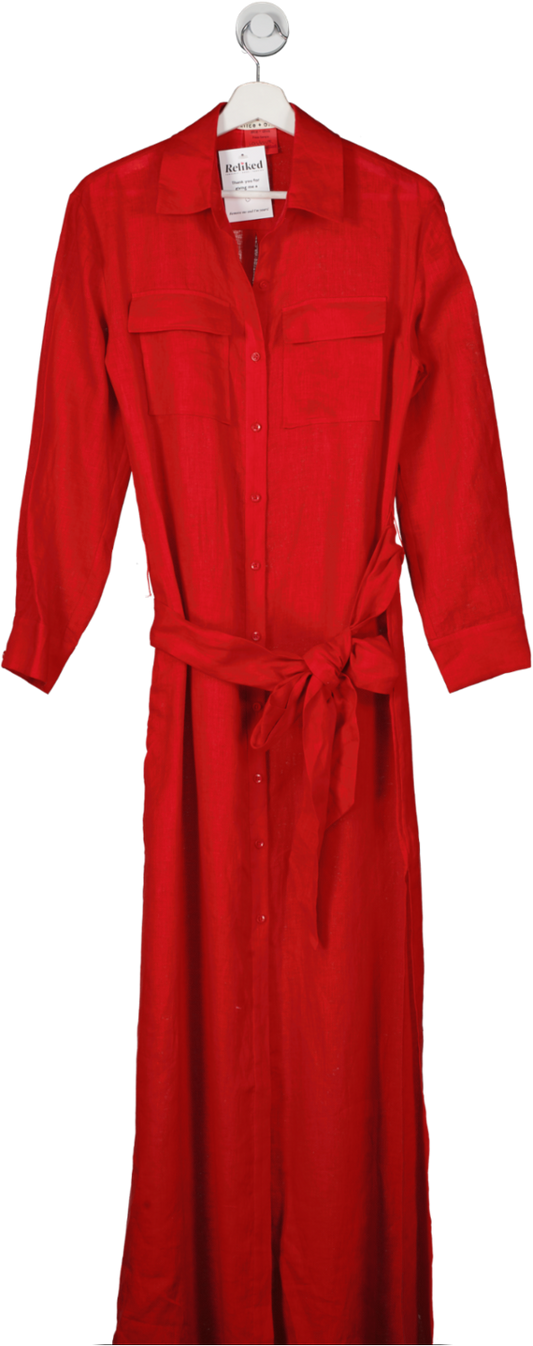 Alice + Olivia Red Keara Belted Linen Maxi Shirt Dress UK S