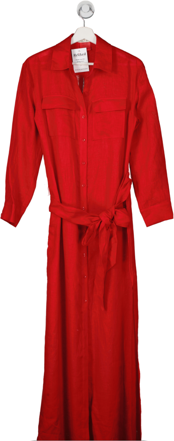 Alice + Olivia Red Keara Belted Linen Maxi Shirt Dress UK S