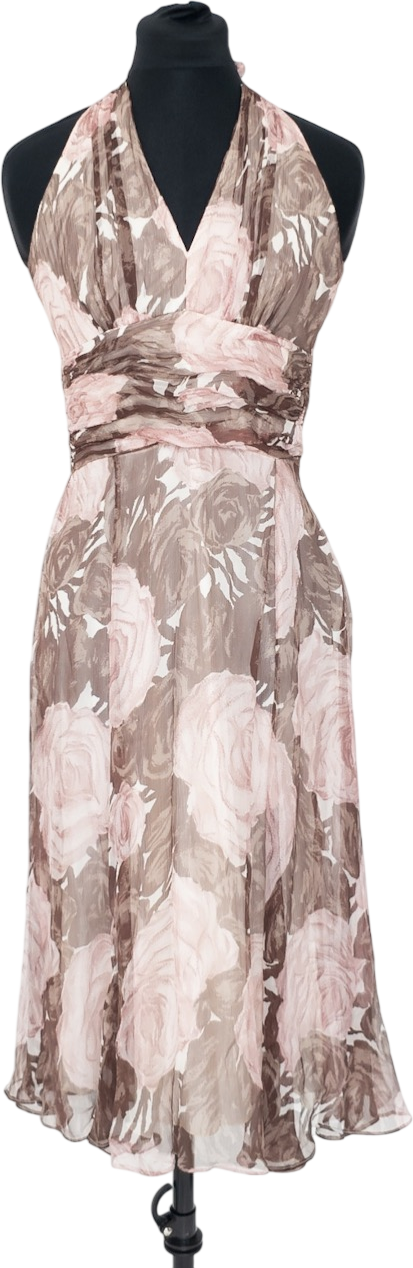 Phase Eight Taupe / Dusty  Pink Floral Silk  Chiffon Halter Neck Dress UK 10
