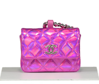 Chanel Iridescent Pink Patent Lambskin Quilted CC Hook Card Holder/Micro Bag
