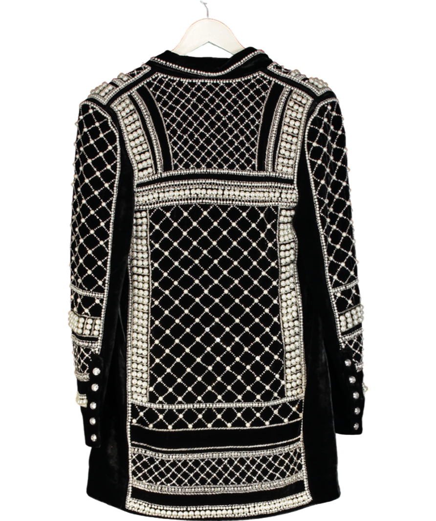 H&M Balmain Black Velvet Pearl & Crystal Embellished Jacket UK 8
