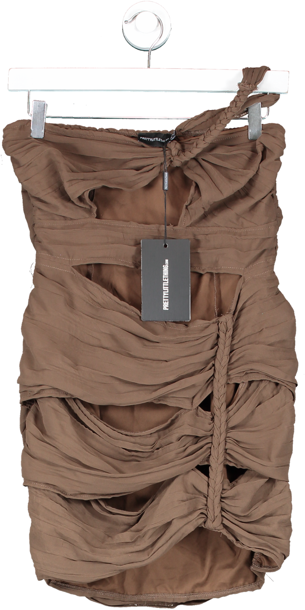 PrettyLittleThing Brown Chiffon Cut Out Plait Detail One Shoulder Bodycon Dress UK 8