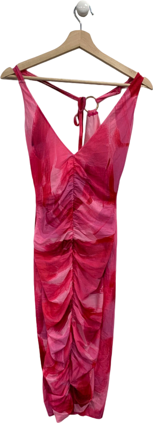 Farai London Red Pink Print Ruched Dress Size UK S