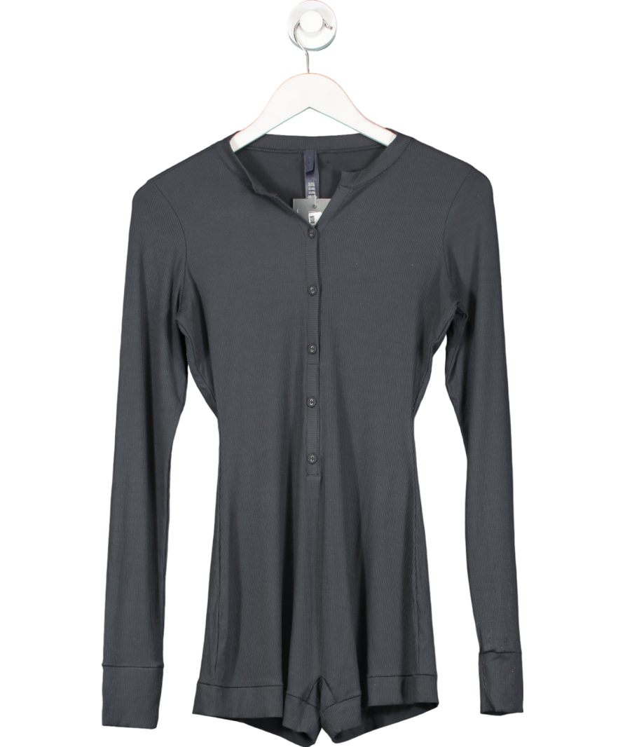 SKIMS Grey Soft Lounge Ribbed Onesie Romper Long Sleeve Henley UK S