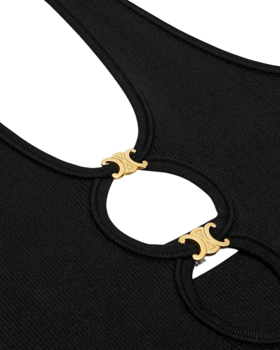 CELINE Black /gold Triomphe Logo Open-back Mini Dress In Underpinning Silk And Cotton UK M