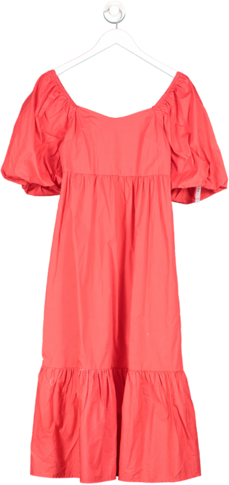 Primark Red Poplin Midi Dress With Puff Sleeves UK 6