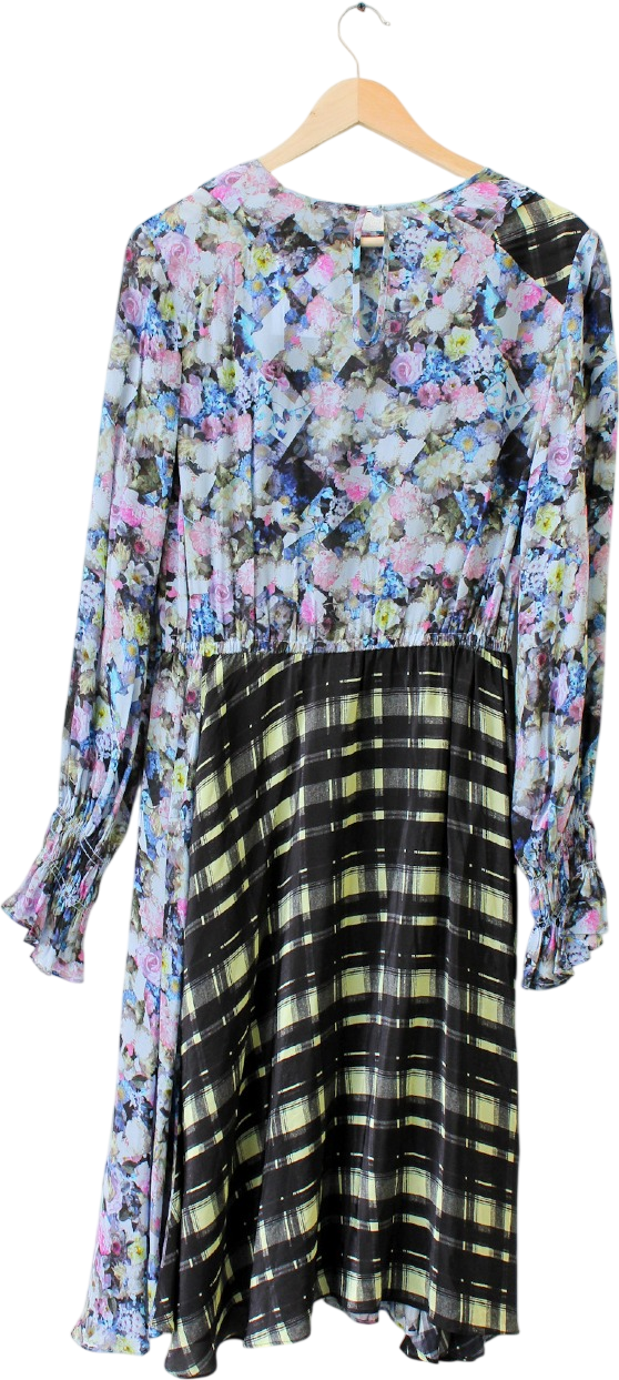 PREEN Blue Line Abstract Floral & Checkered Print Kara Dress UK XS