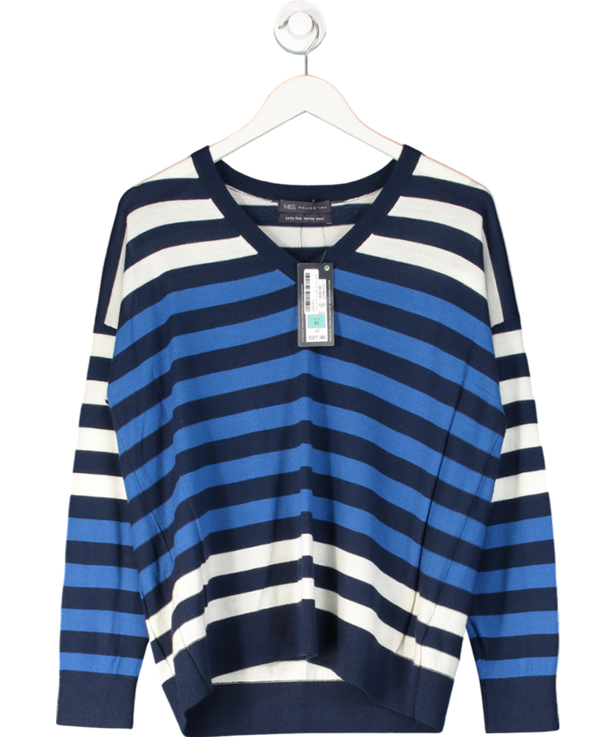 M&S Collection Navy / White Striped V-neck Jumper UK M