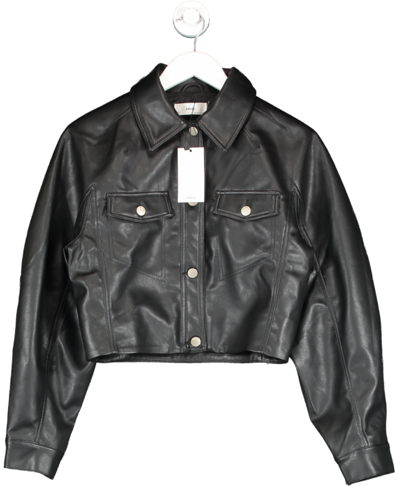 MANGO Black Short Leather-effect Jacket UK XS