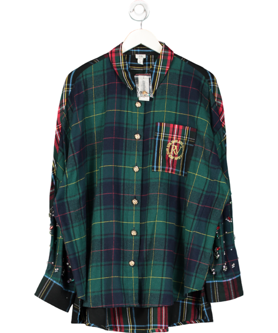 River Island Green Multi Check Embellished Shirt UK L