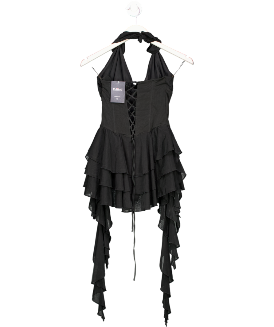 Oh Polly Black Kristena Ruffled Halterneck Bodysuit UK M