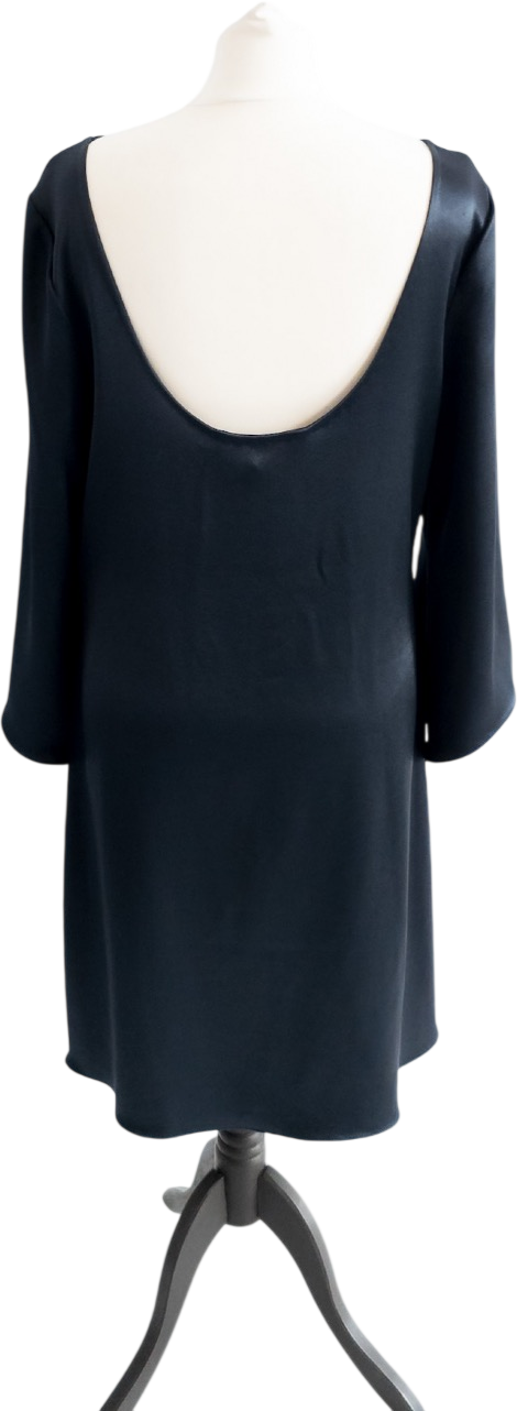 Diane von Furstenberg Dark Navy Blue Scoop Back Satin Long Sleeve Mini Dress US10 UK 14