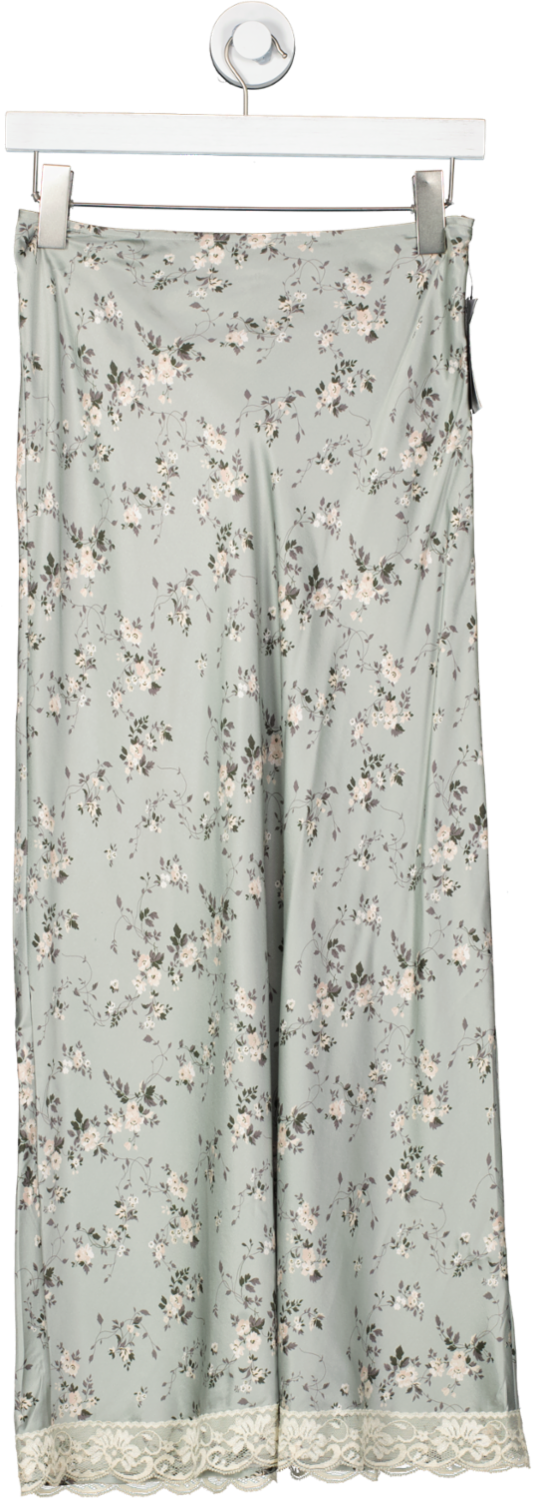 Reformation Green Floral Satin Midi Skirt UK 8