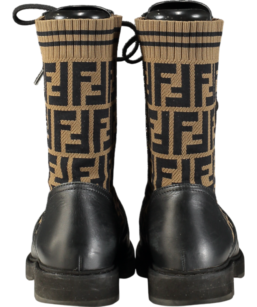 Fendi Monogram Stretch Knit And Black Leather Lace Up Combat Boots UK 4.5 EU 37.5 👠