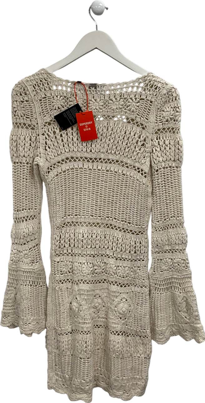 Superdry Cream Crochet Flare Sleeve Mini Dress UK XS/S