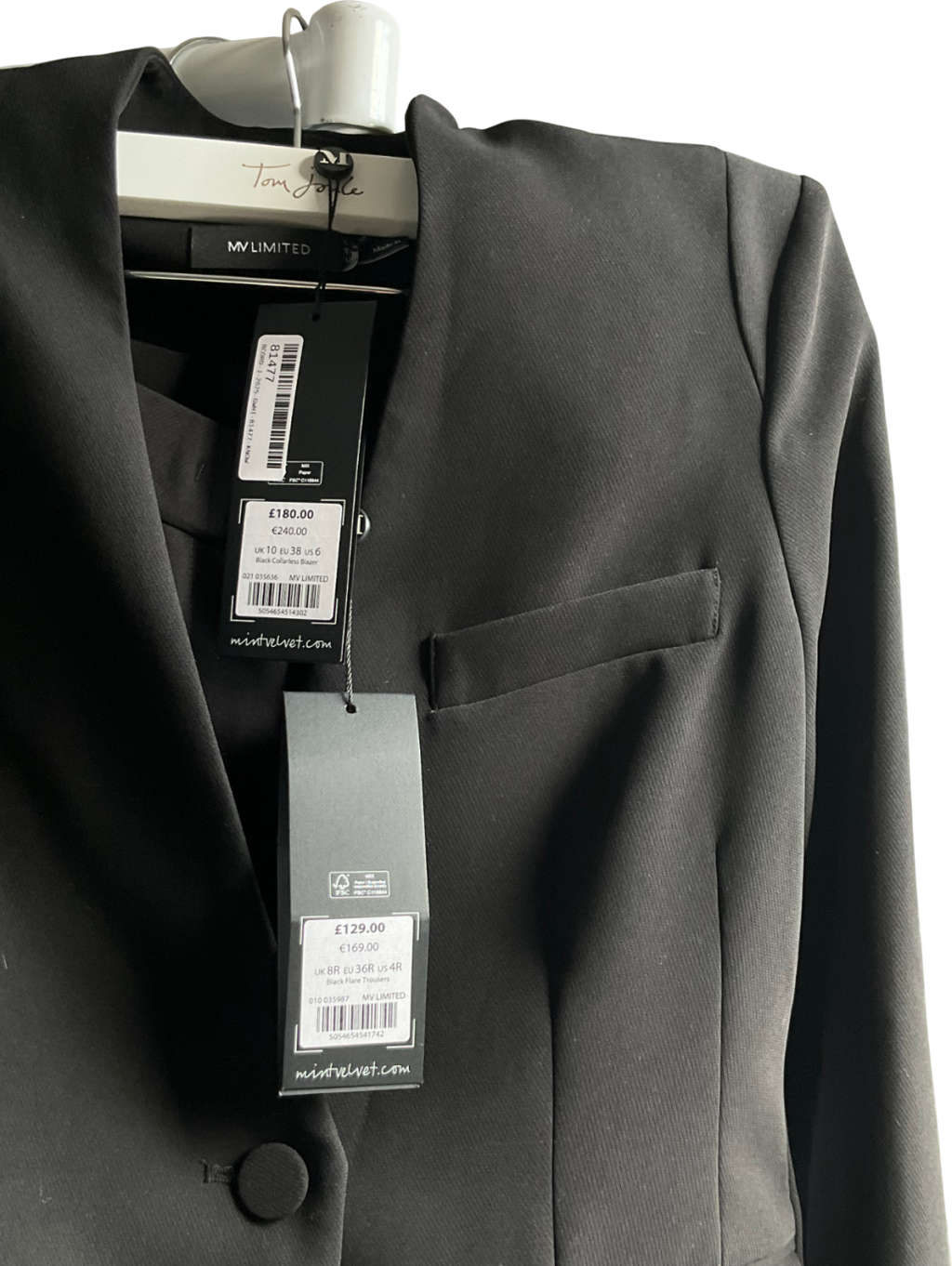 Mint Velvet Black 2-piece Collarless Blazer And Black Flared Trouser Suit UK 10 & UK 8