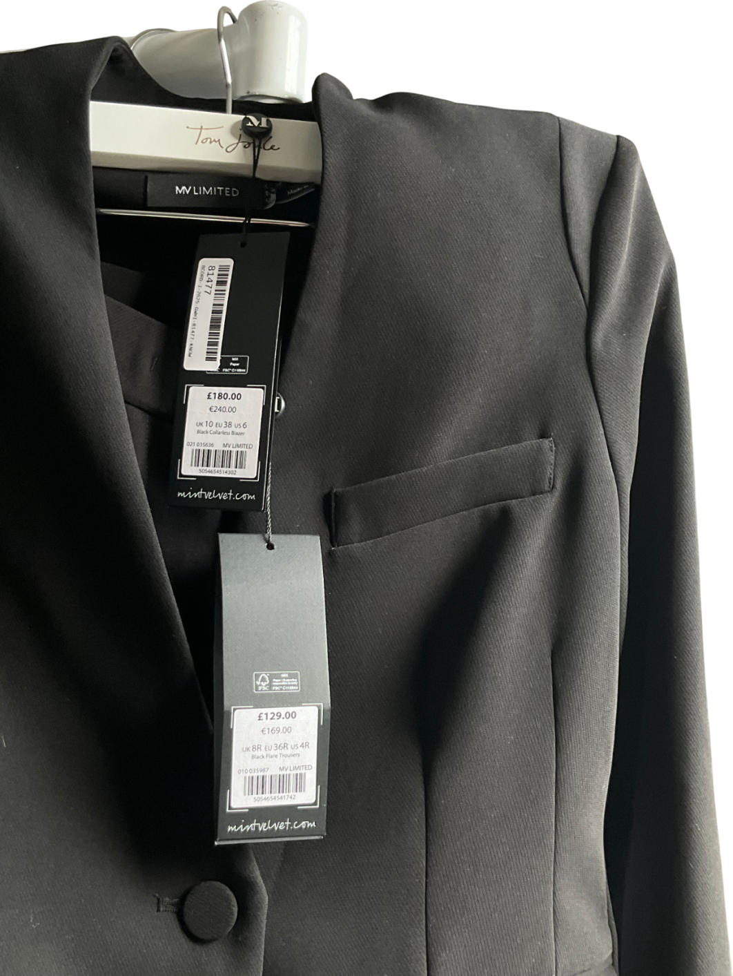 Mint Velvet Black 2-piece Collarless Blazer And Black Flared Trouser Suit UK 10 & UK 8