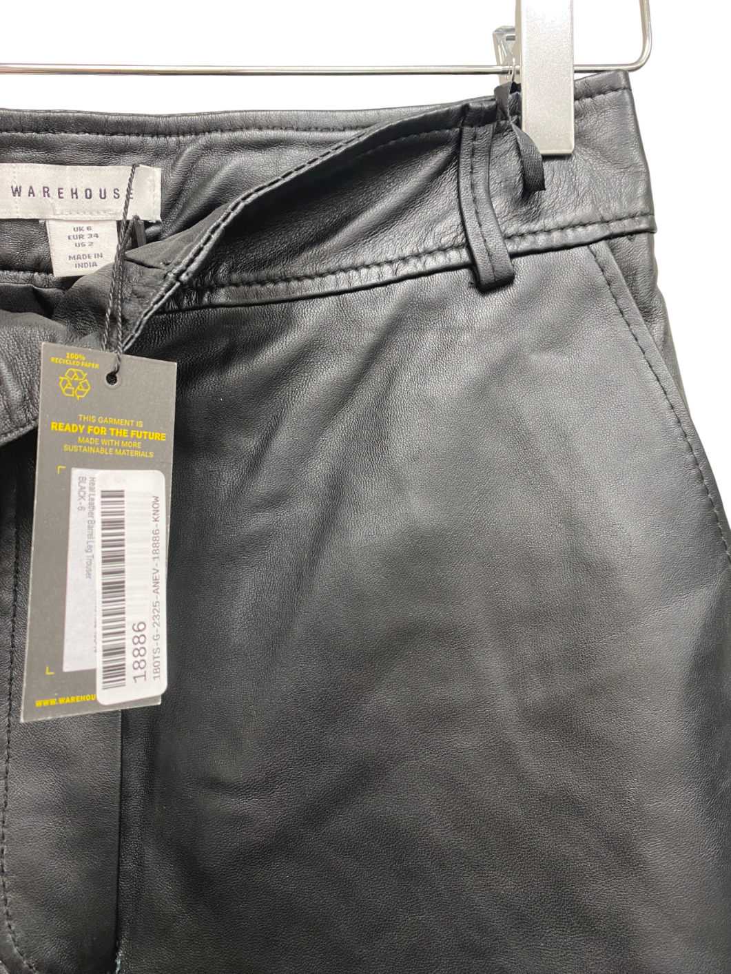 Warehouse Black Real Leather Barrel Trousers UK 6