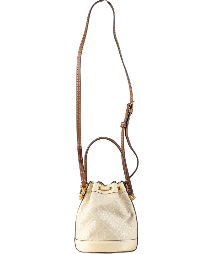 Tory Burch Cream Mini T Monogram Bucket Bag One Size