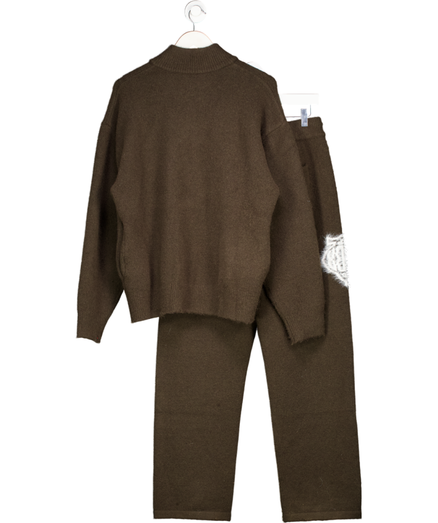 The Couture Club Chocolate Brown Monogram Fluffy Knit Zip Through And Straight Leg Jogger UK S