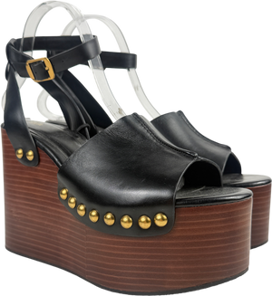 ZARA Black Leather Platform Wedge Sandal UK 6 EU 39