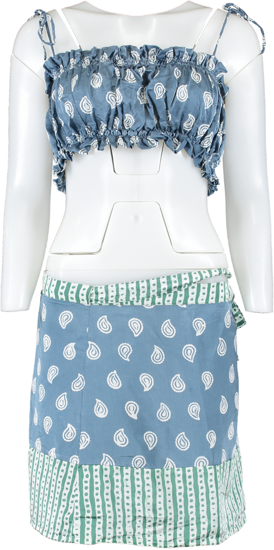 Chloe Cassandro Blue Silk Paisley Print Top And Skirt UK S