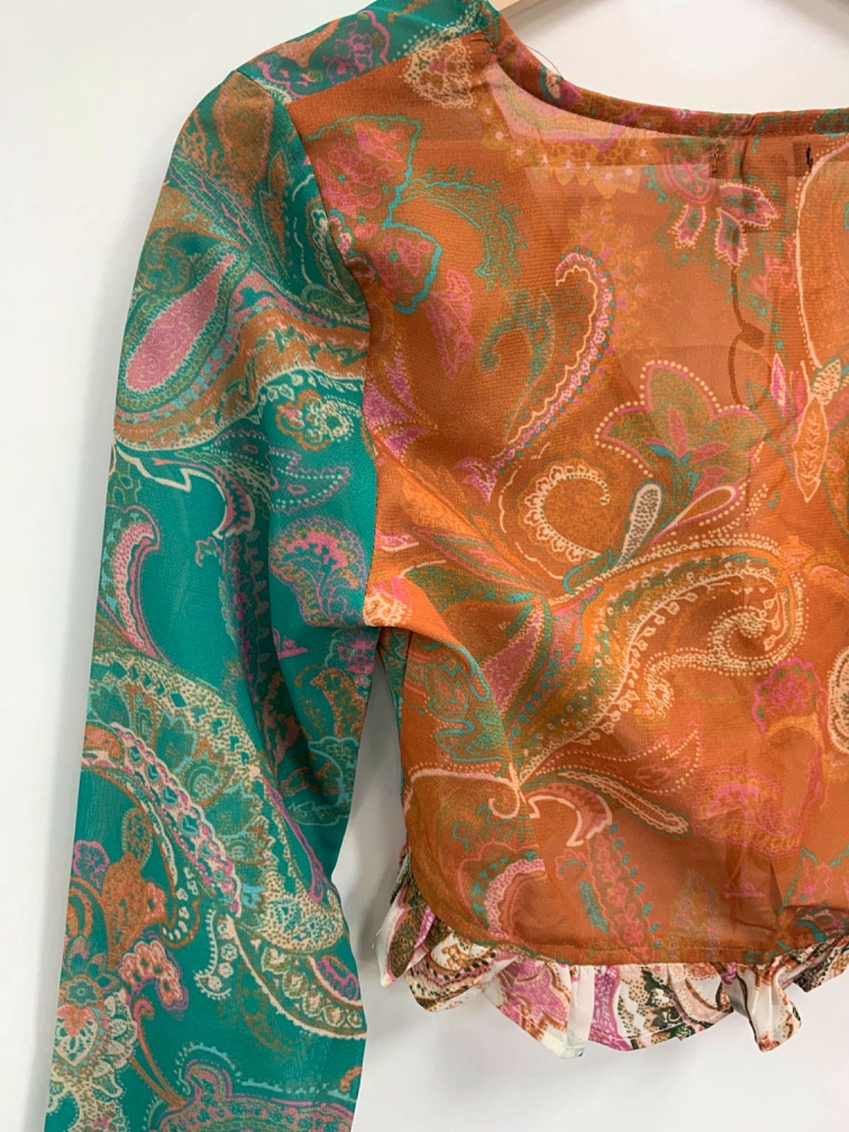 Nasty Gal Orange/Green Paisley Spliced Ruffle Coin Trim Cover Up Top UK 8