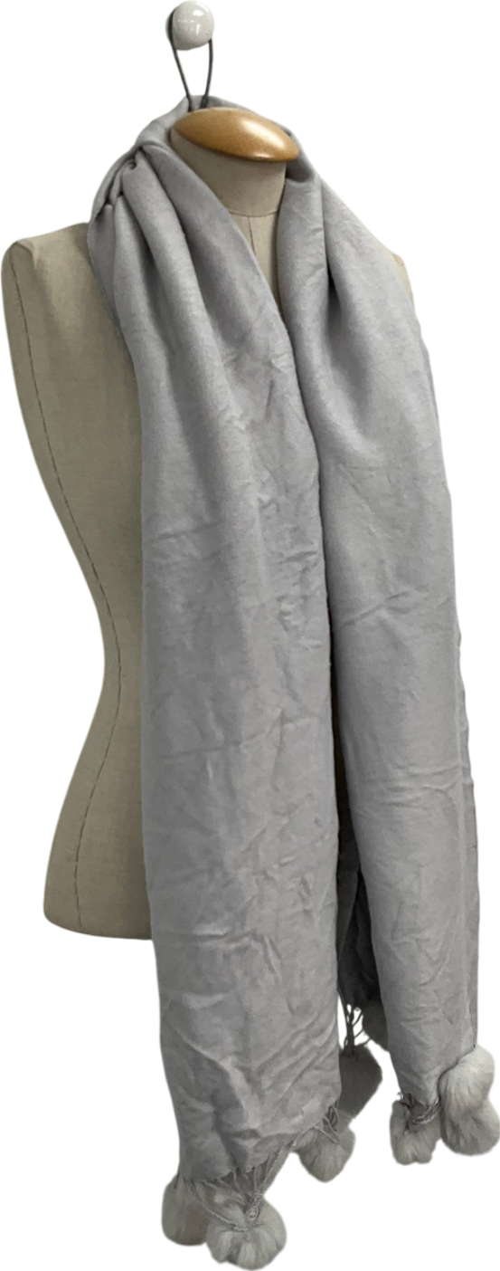 Grey Silk And Cashmere Blend Scarf With Faux Fur Tassle Trim One Size