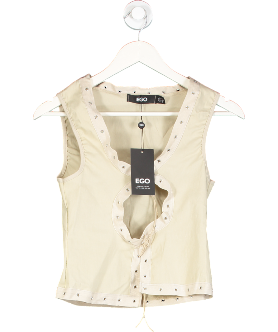 Ego Beige Sleeveless Eyefront Detail Tie Front Top UK 8
