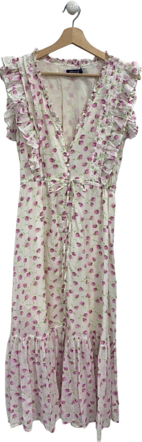 Polo Ralph Lauren White/Pink Floral Ruffled Midi Dress UK 6/8