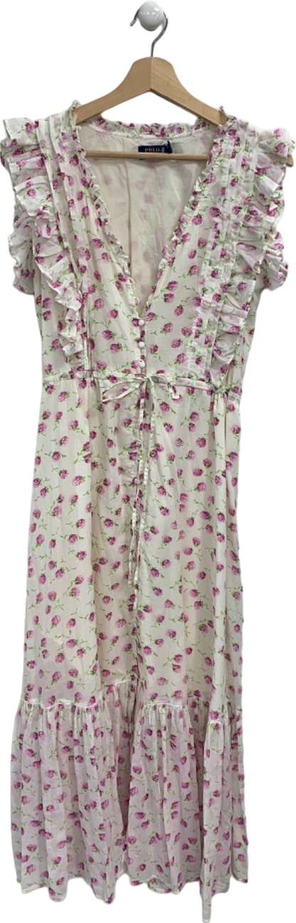 Polo Ralph Lauren White/Pink Floral Ruffled Midi Dress UK 6/8