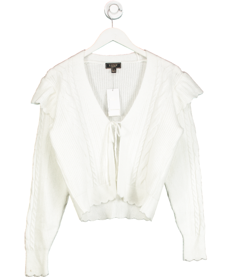 lipsy london White V-neck Scalloped Edge Tie Front Knitted Cardigan UK 8