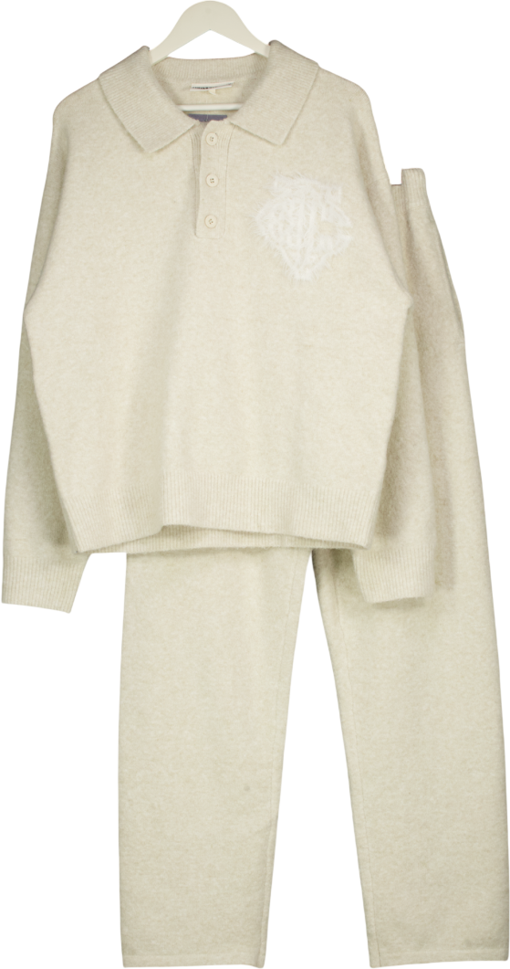 THE COUTURE CLUB Cream 2-piece Monogram Fluffy Knit Polo Jumper And Straight Leg Jogger Set UK S