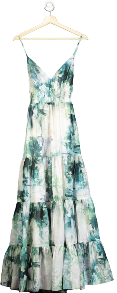 Karen Millen Blue Watercolour Cotton Plunge Strappy Woven Maxi Dress UK 8