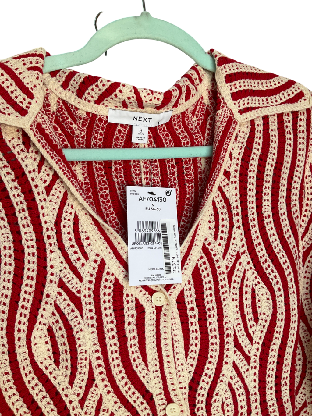 Next Red Ecru Wave Crochet Collared Short Sleeve Shirt UK S