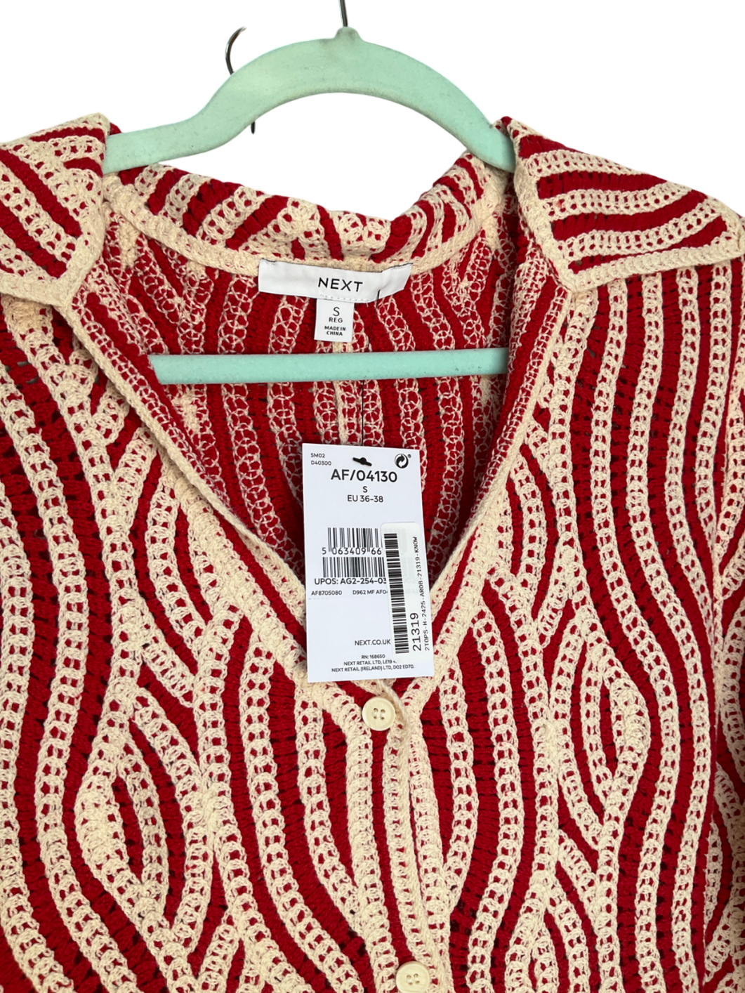 Next Red Ecru Wave Crochet Collared Short Sleeve Shirt UK S