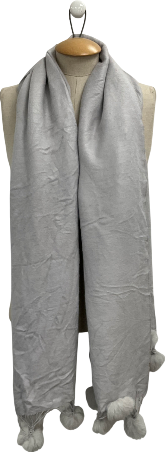 Grey Silk And Cashmere Blend Scarf With Faux Fur Tassle Trim One Size