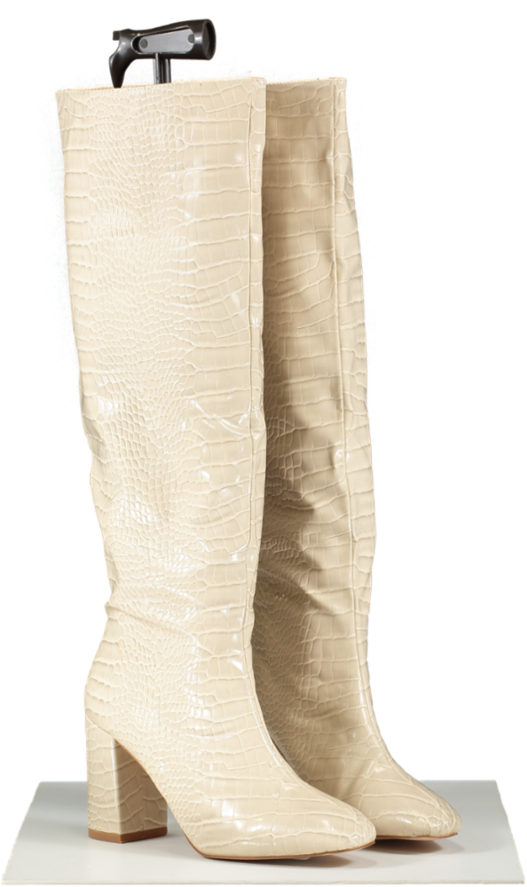 Missguided Cream Croc Embossed Knee High Boots UK 6 EU 39 👠