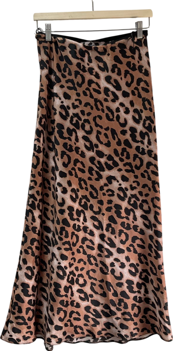 New Look Brown Animal Print Textured Satin Midi Skirt UK 10